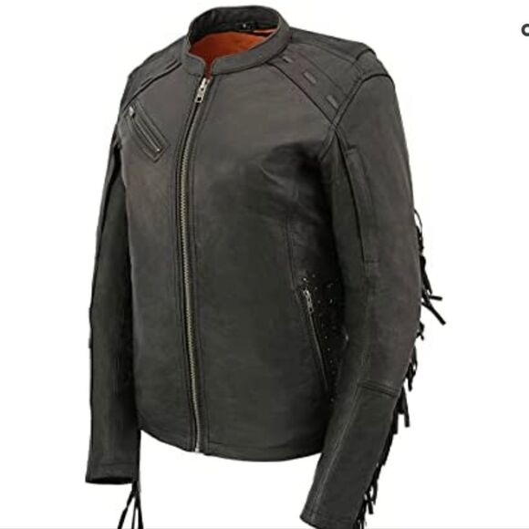 Milwaukee Leather Ladies Fringed Black Leather Racer Jacket - Picture 2 of 7